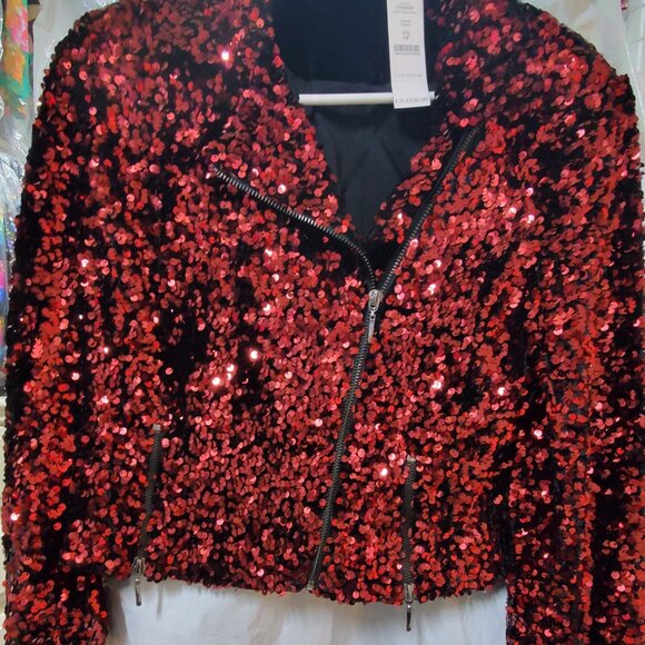 WHBM RED SEQUIN MOTO STYLE JACKET SMALL PETITE - Picture 1 of 2